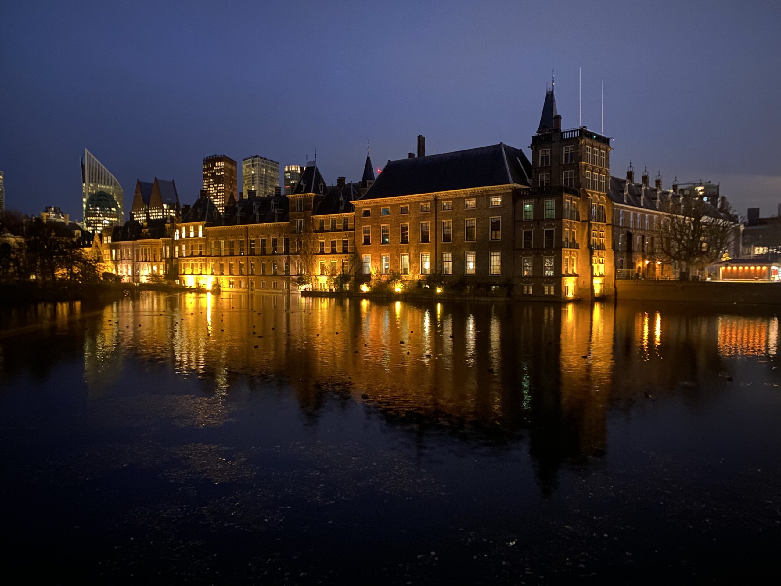 View of Binnenhof from across Hofvijver pond