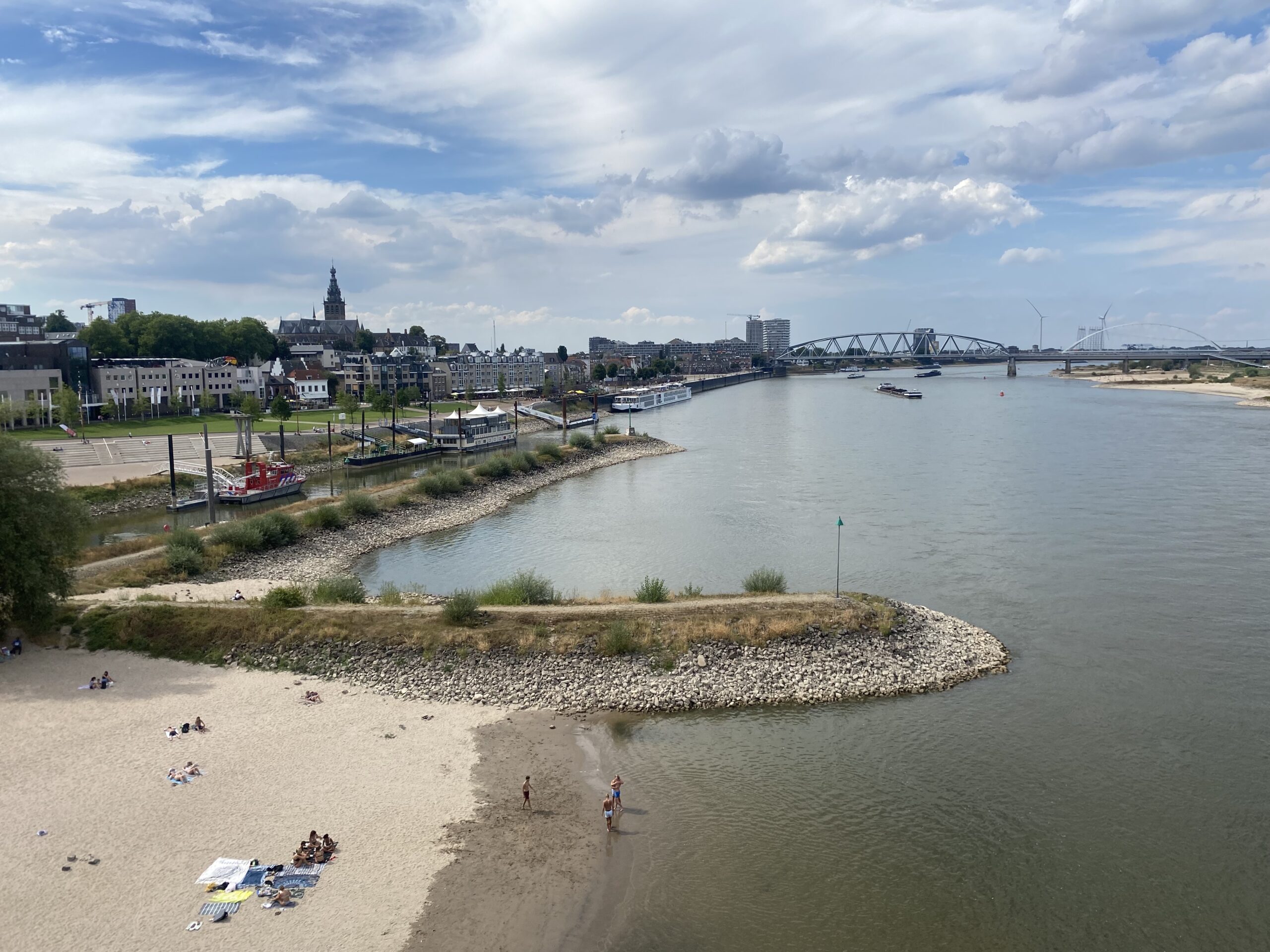 View of Waalstrandje beach from Waalbrug bridge in Nijmegen