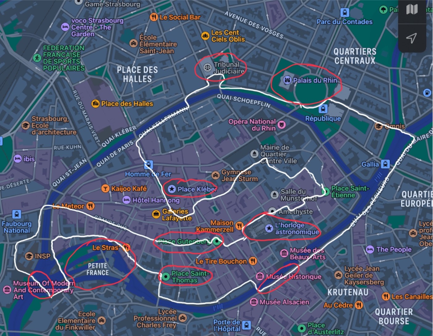 Recommended day trip itinerary map of Strasbourg France